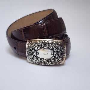 TALBOTS Women's Belt Brown Moc-Croc Embossed Leather Silver-tone Buckle Size L